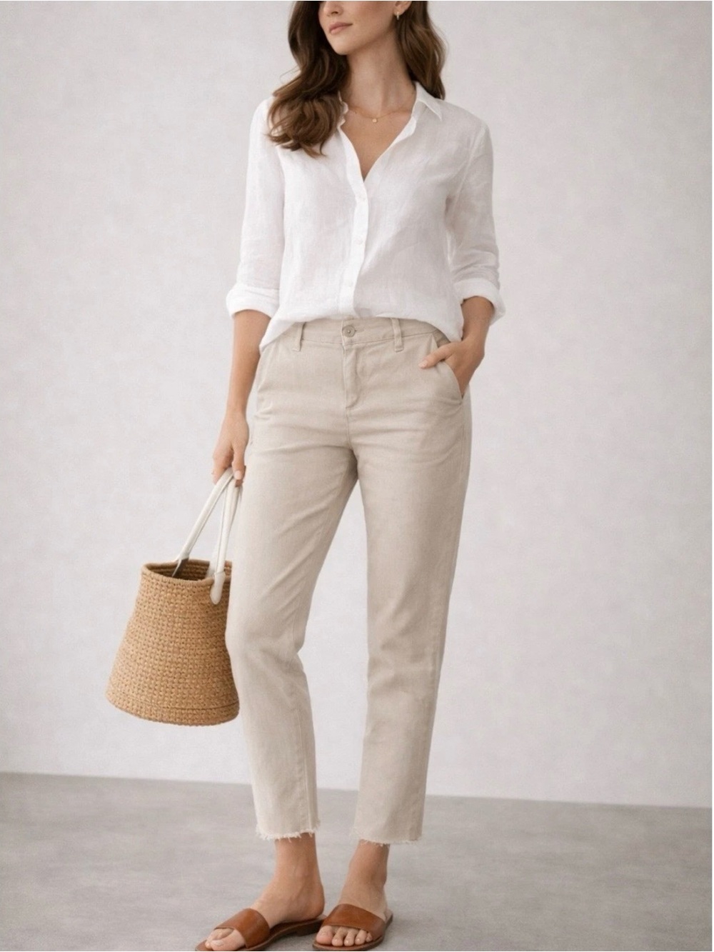 Frank & Eileen Womens Wicklow Pants 6 Beige Linen Blend Raw Hem Crop USA Preppy